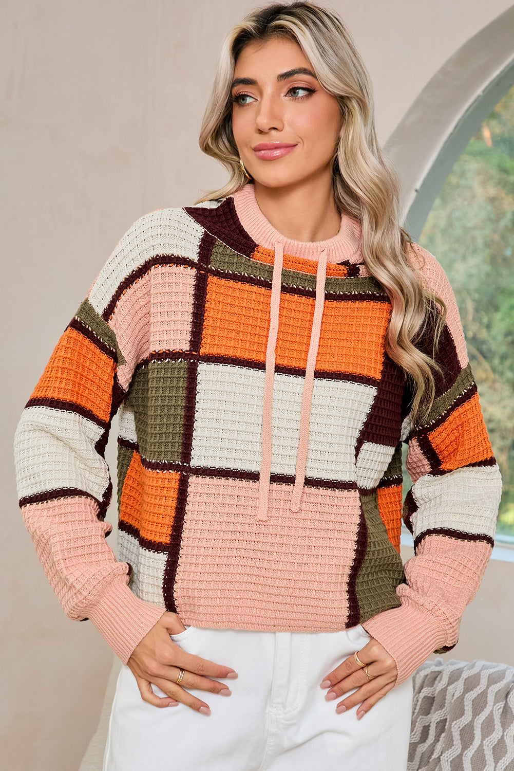 Orange Color Block Waffle Knit Drawstring Mock Neck Sweater