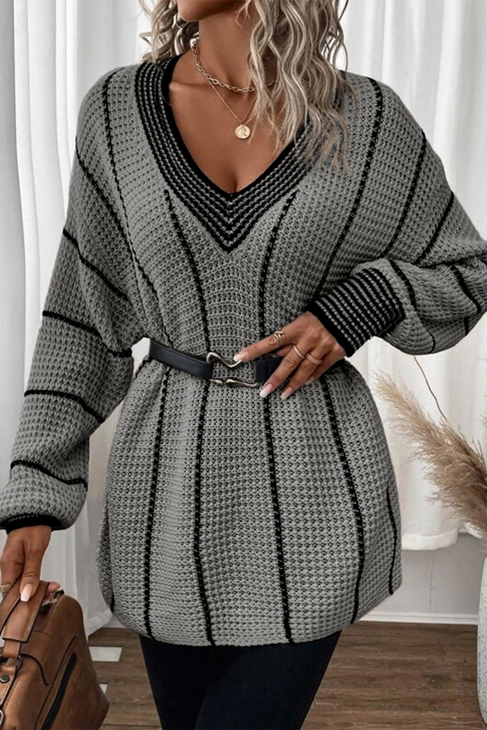 Gray Contrast V Neck Loose Tunic Sweater