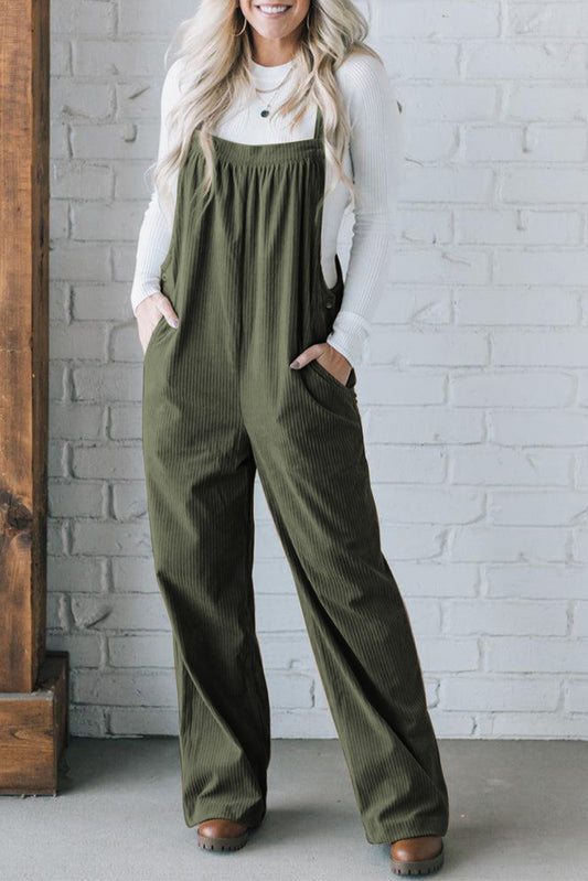 Jungle Green Plain Pocketed Loose Fit Corduroy Overalls