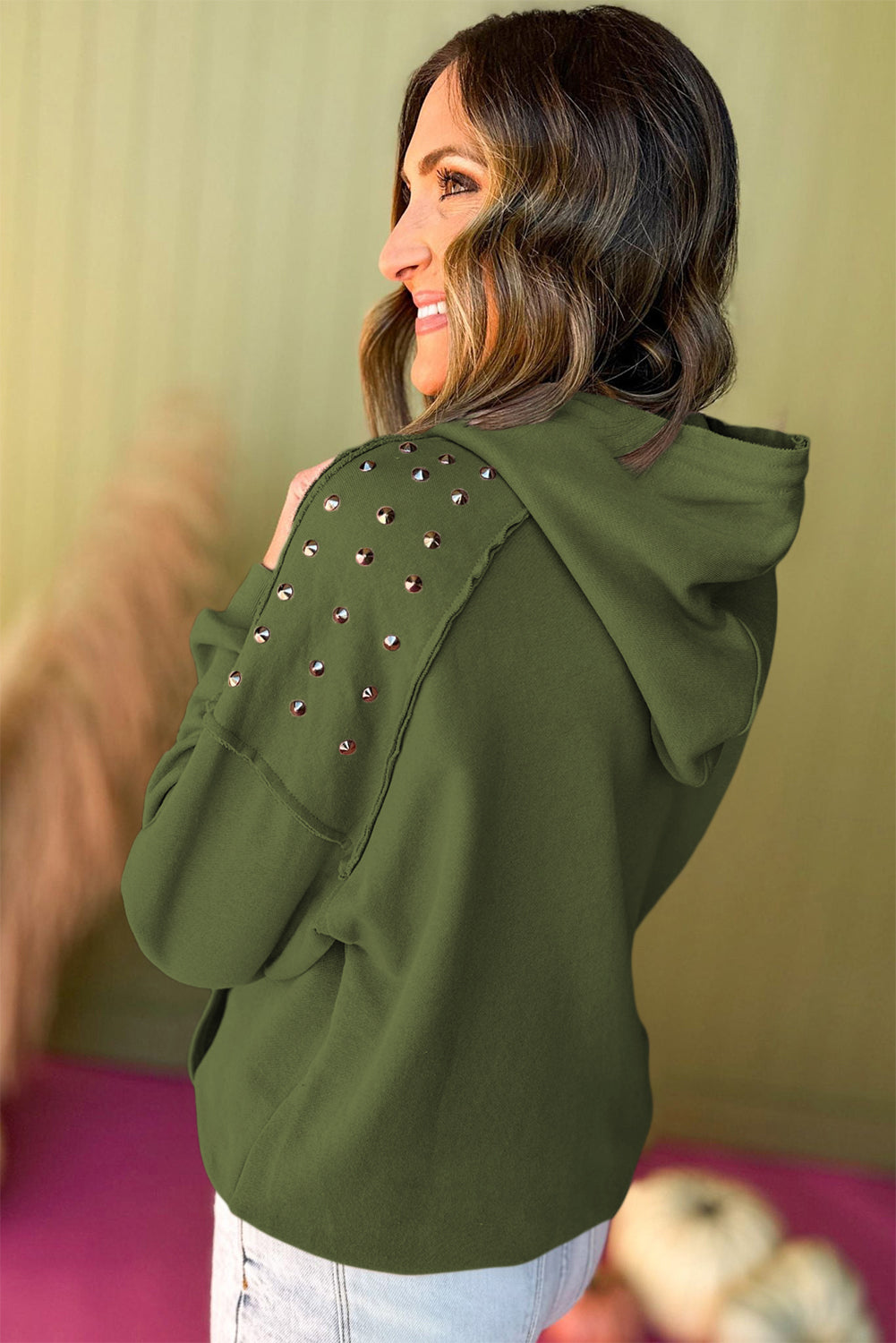 Vineyard Green Stud Detail Kangaroo Pocket Drawstring Hoodie