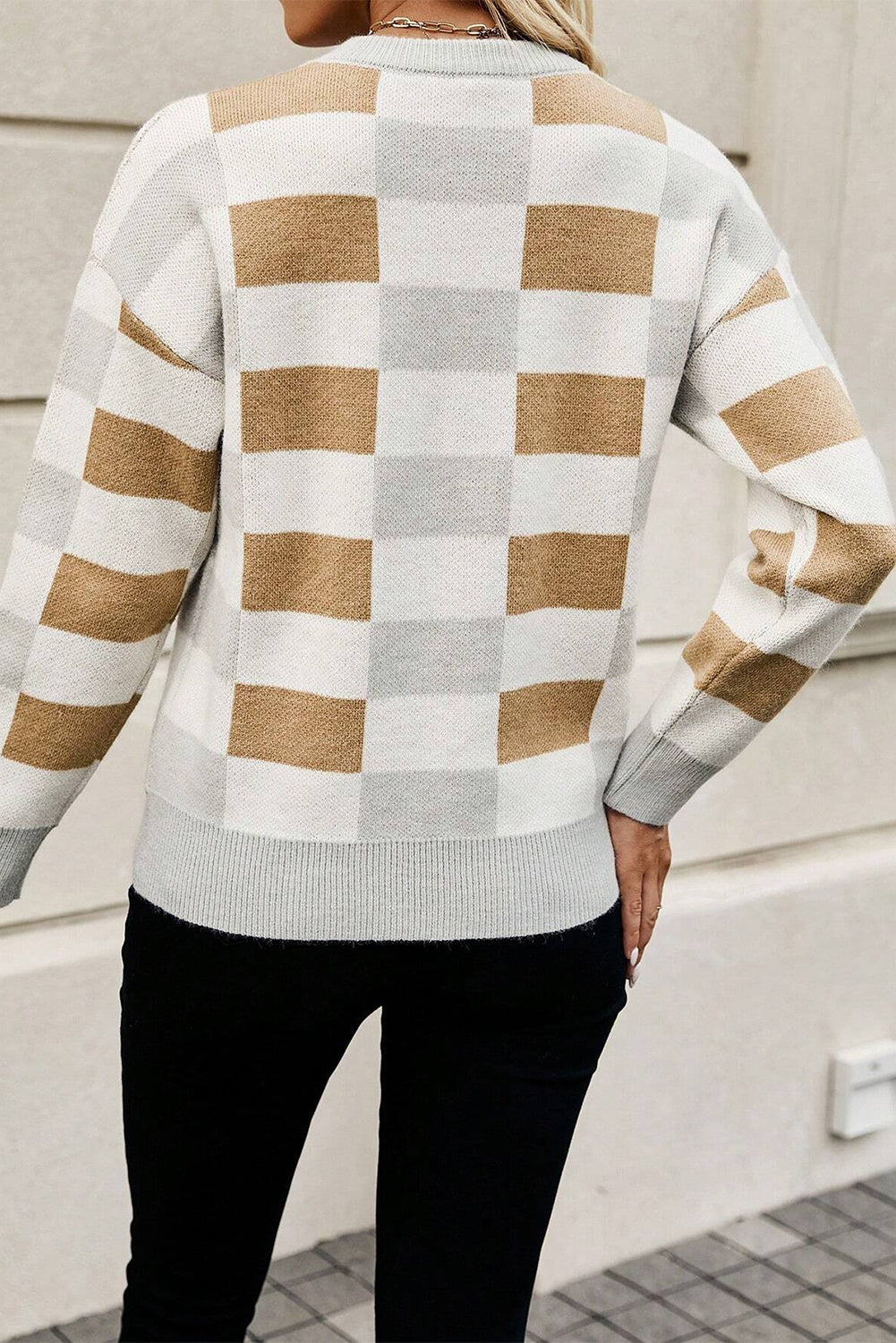 Pink Checkered Crew Neck Drop Shoulder Knit Sweater