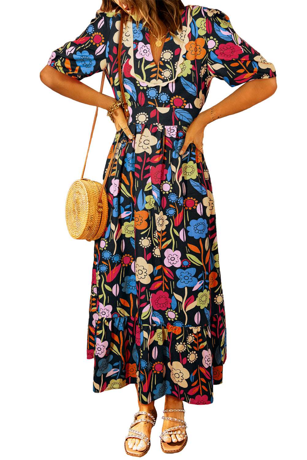 Black 60s Vintage Floral Print Split Neck Ricrac Maxi Dress