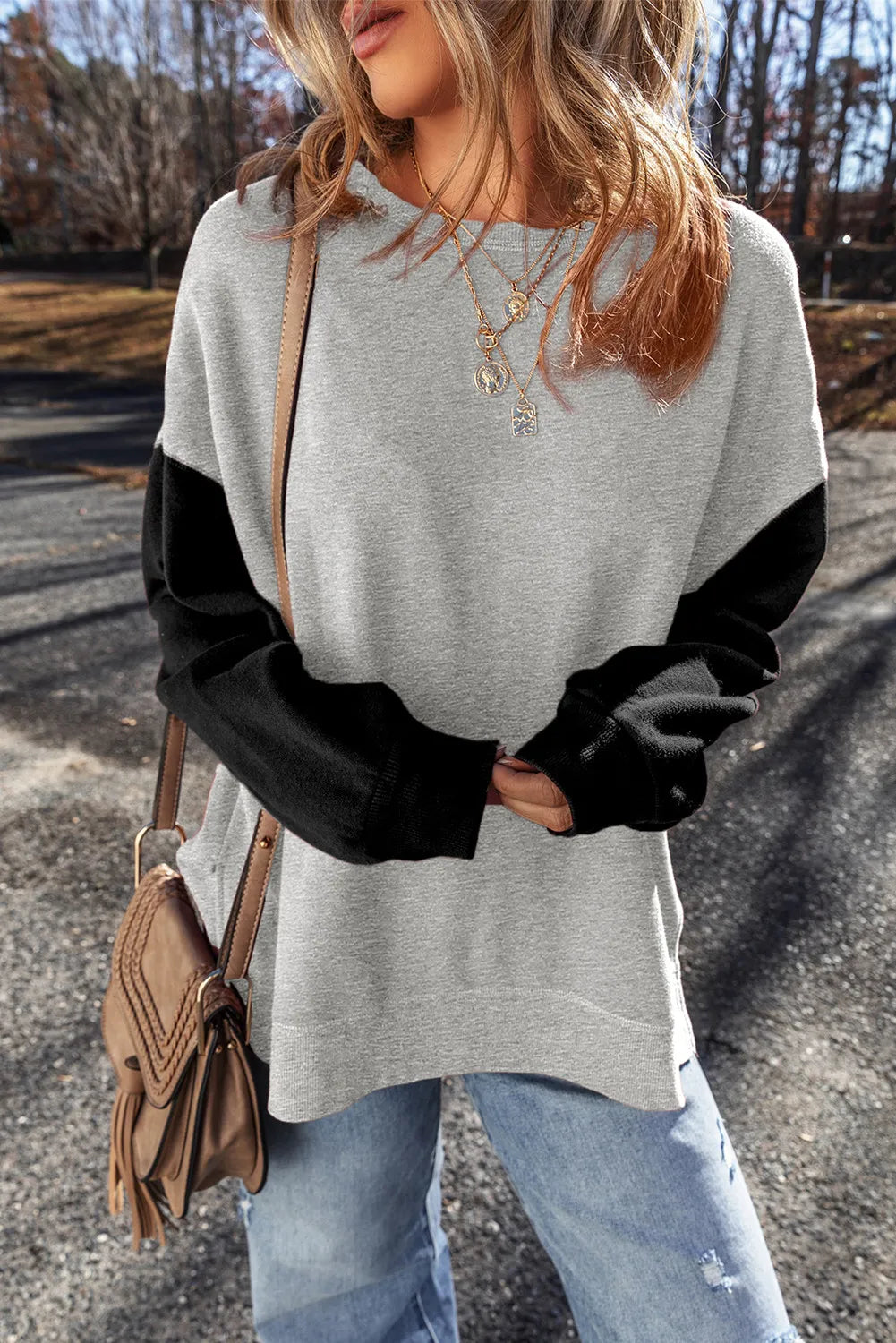 Contrast Round Neck Long Sleeve Sweatshirt