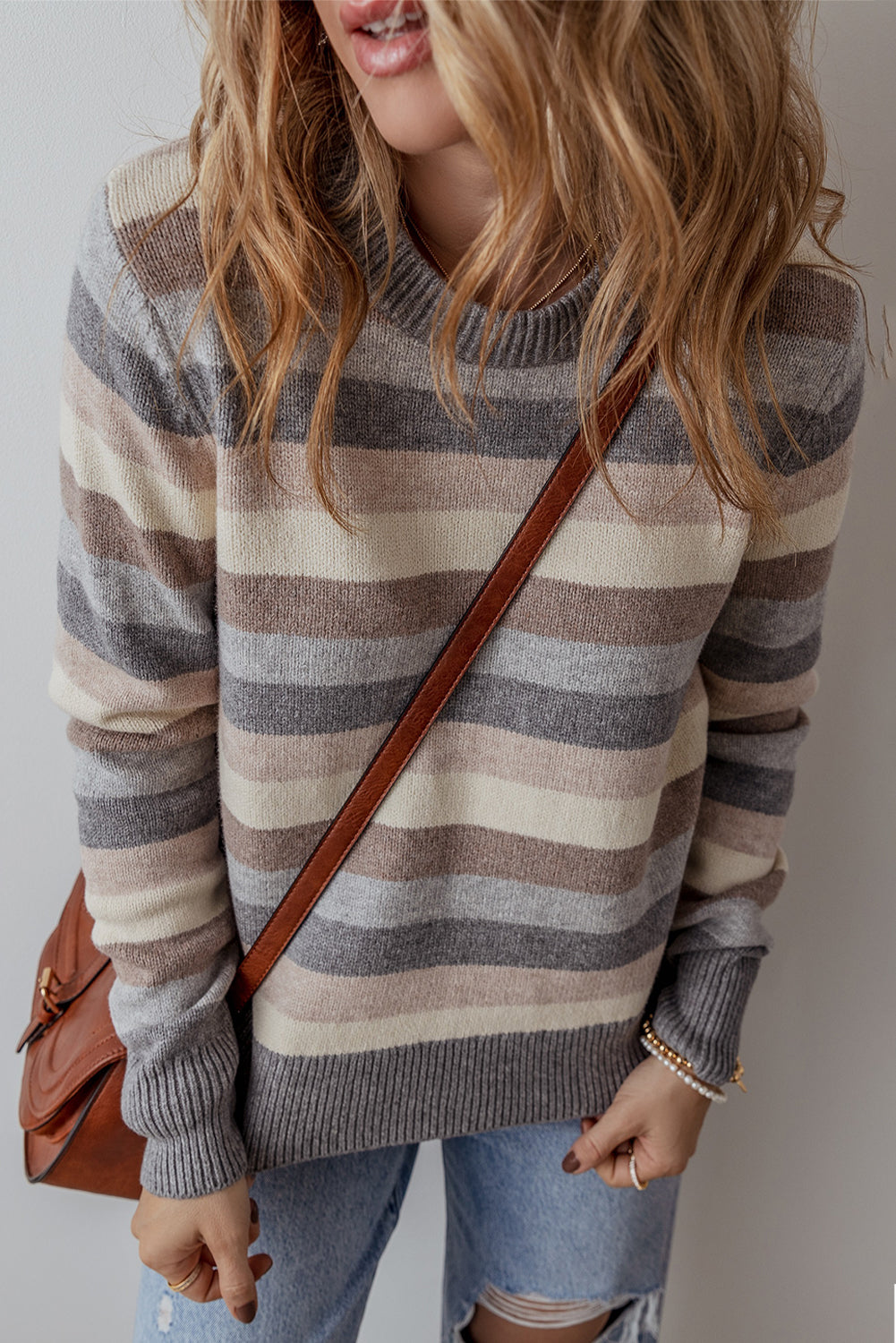 Green Striped Ribbed Edge Round Neck Sweater