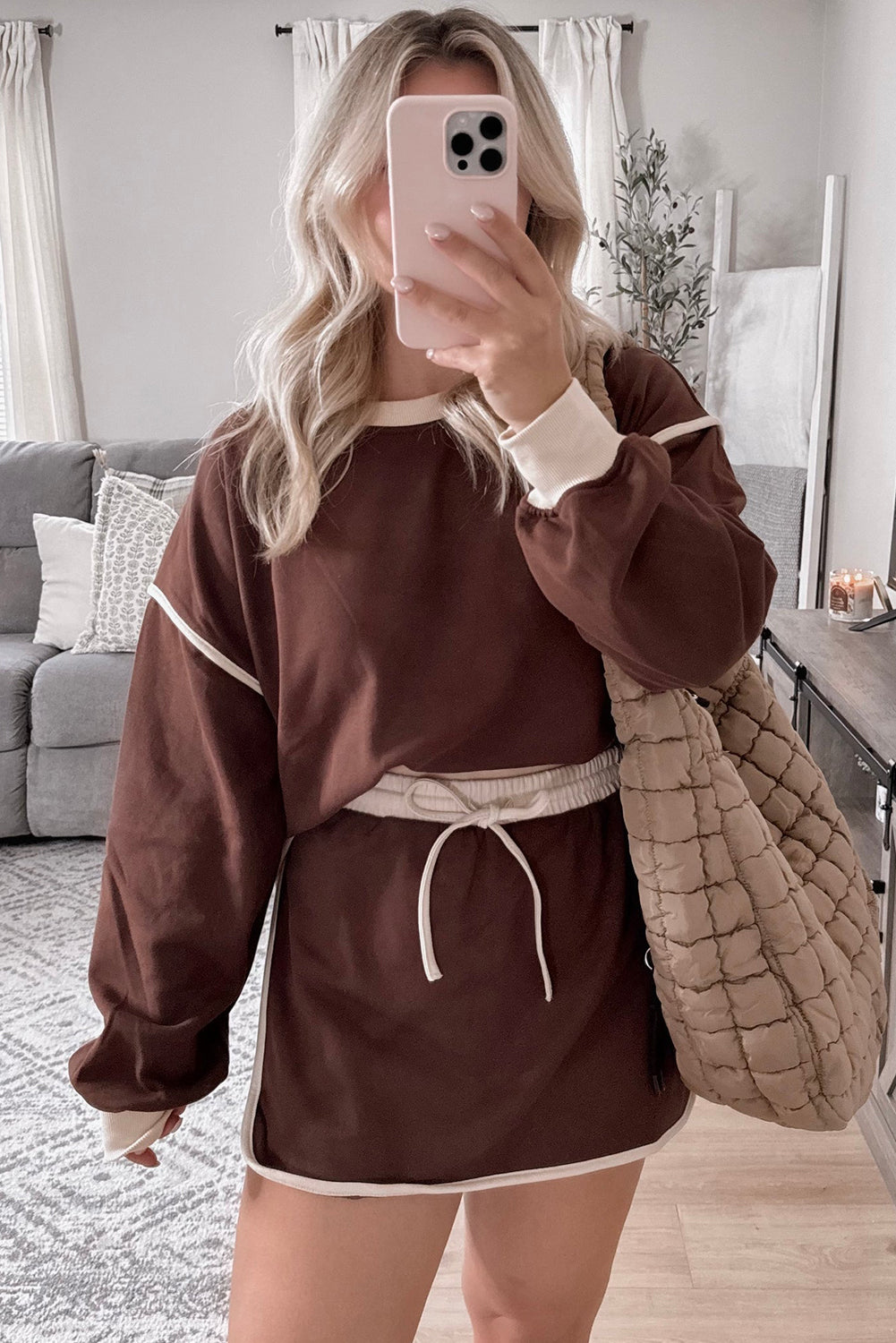 Coffee Contrast Trim Loose Pullover and Lace-up Waist Skort Set