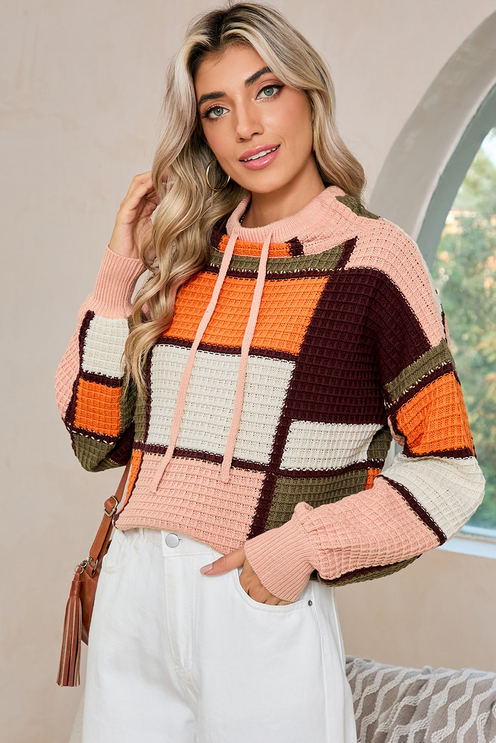 Orange Color Block Waffle Knit Drawstring Mock Neck Sweater