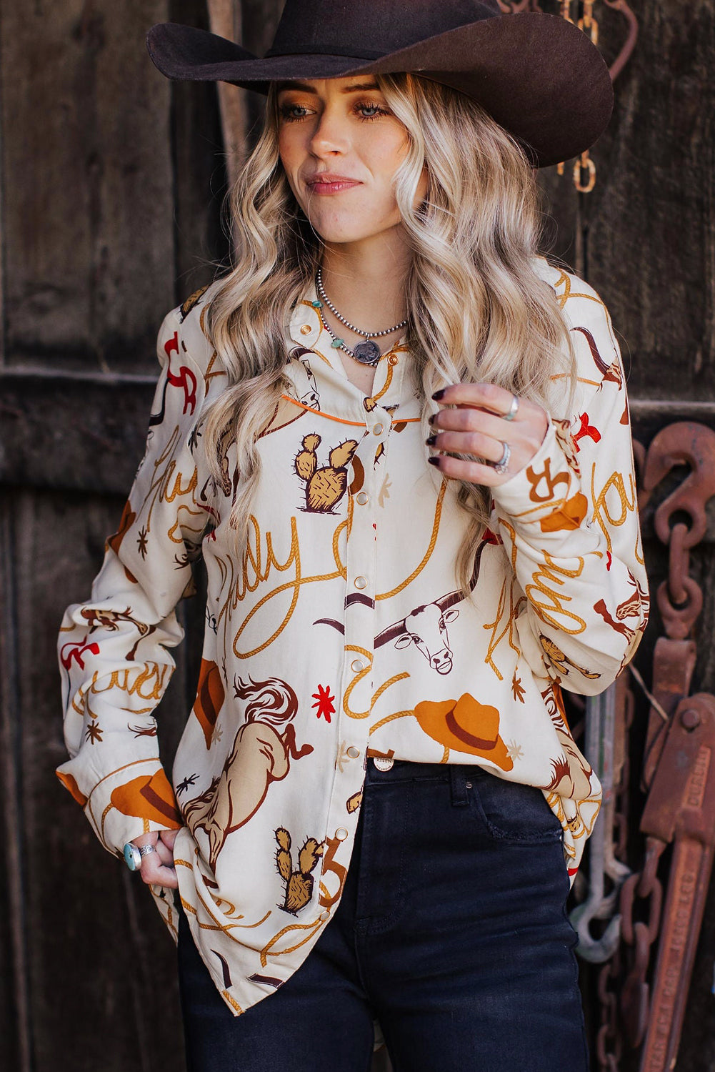 Beige Howdy Animal Pattern Button Up Shirt