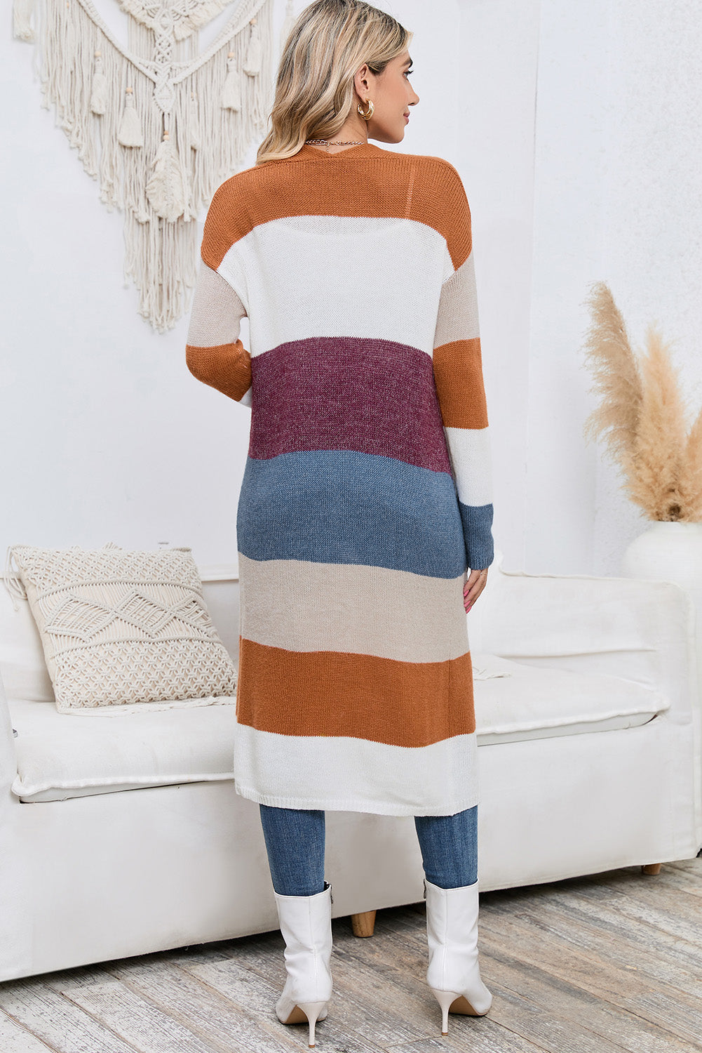 Multicolor Knitted Color Block Open Front Long Cardigan