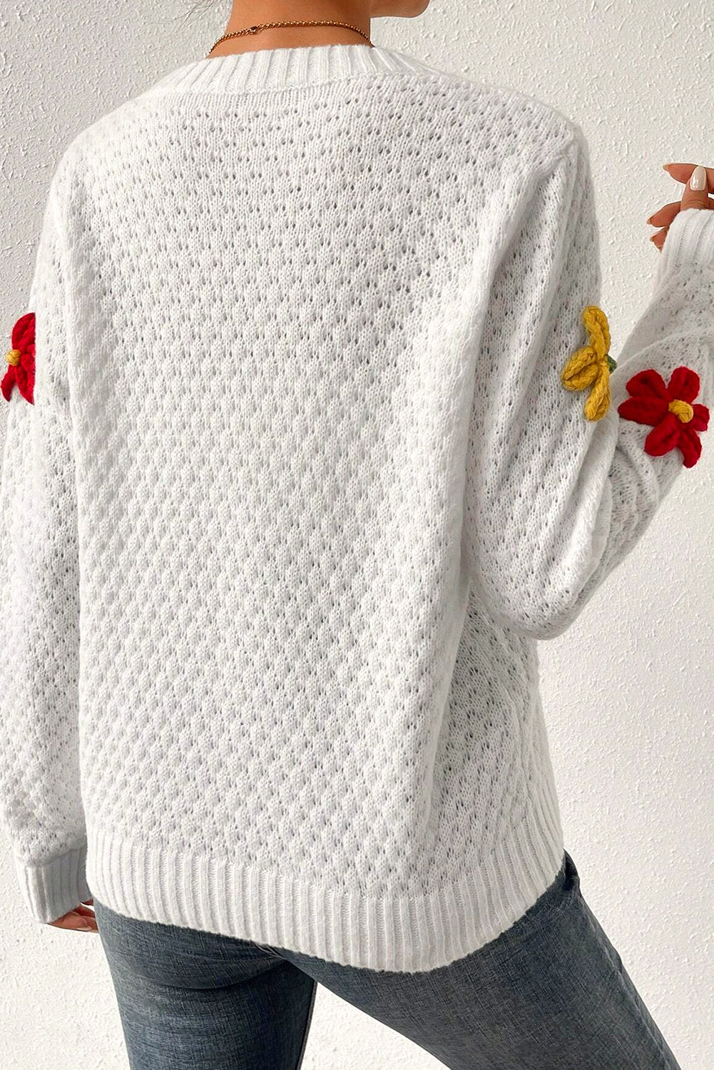 White Textured Knit 60s Vintage Flower Applique Sweater