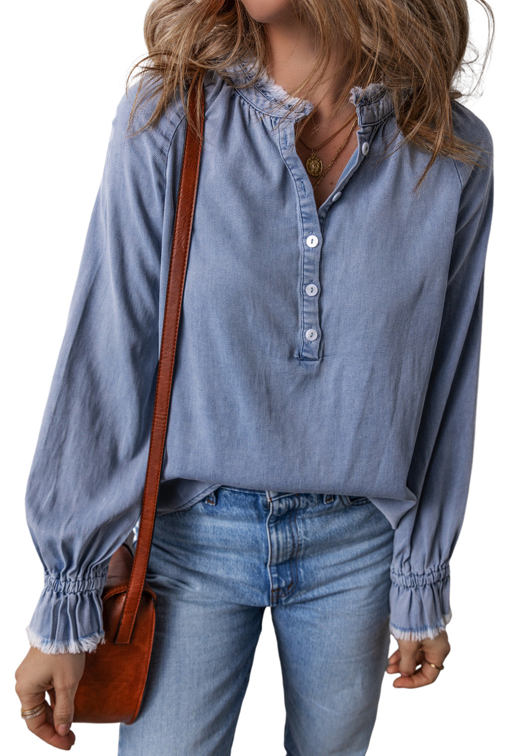 Sky Blue Frilled Raw Hem Half Buttoned Denim Top