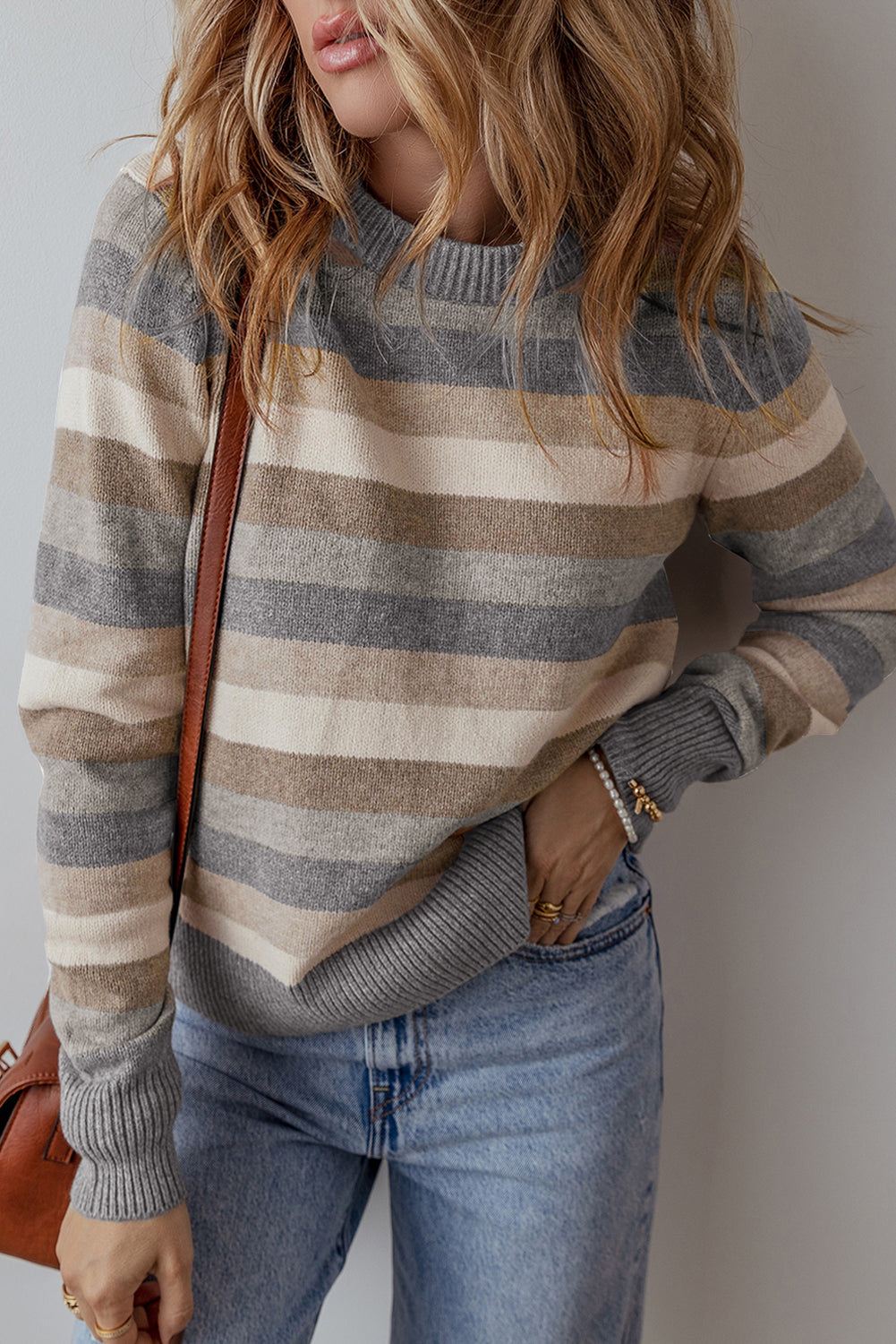 Green Striped Ribbed Edge Round Neck Sweater