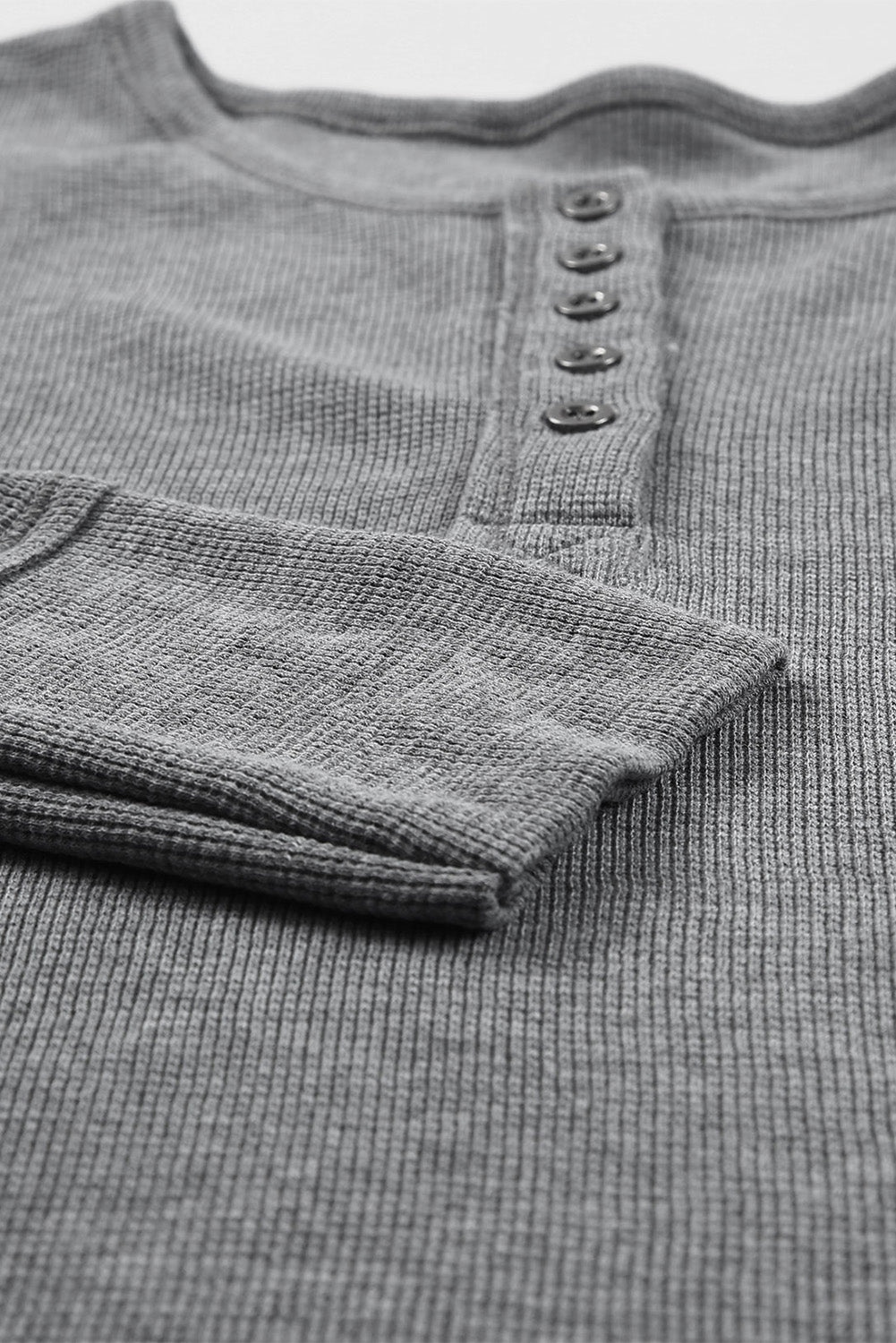 Grey Waffle Knit Long Sleeve Henley Shirt for Women