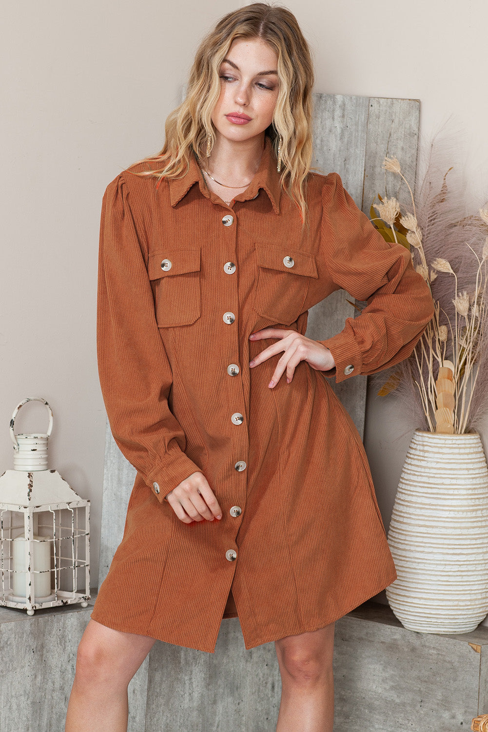 Khaki Flap Pockets Breasted Corduroy Shirt Short Dress