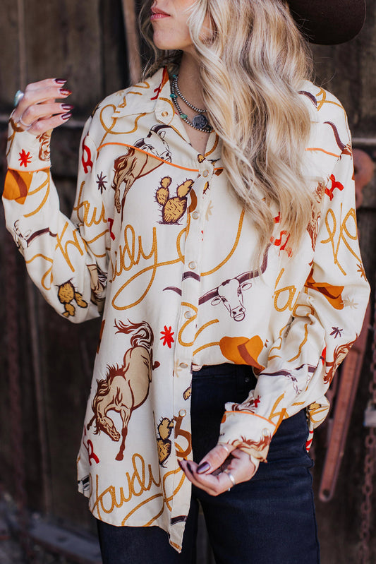 Beige Howdy Animal Pattern Button Up Shirt