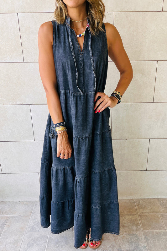 Blue Sleeveless Tiered Chambray Maxi Dress