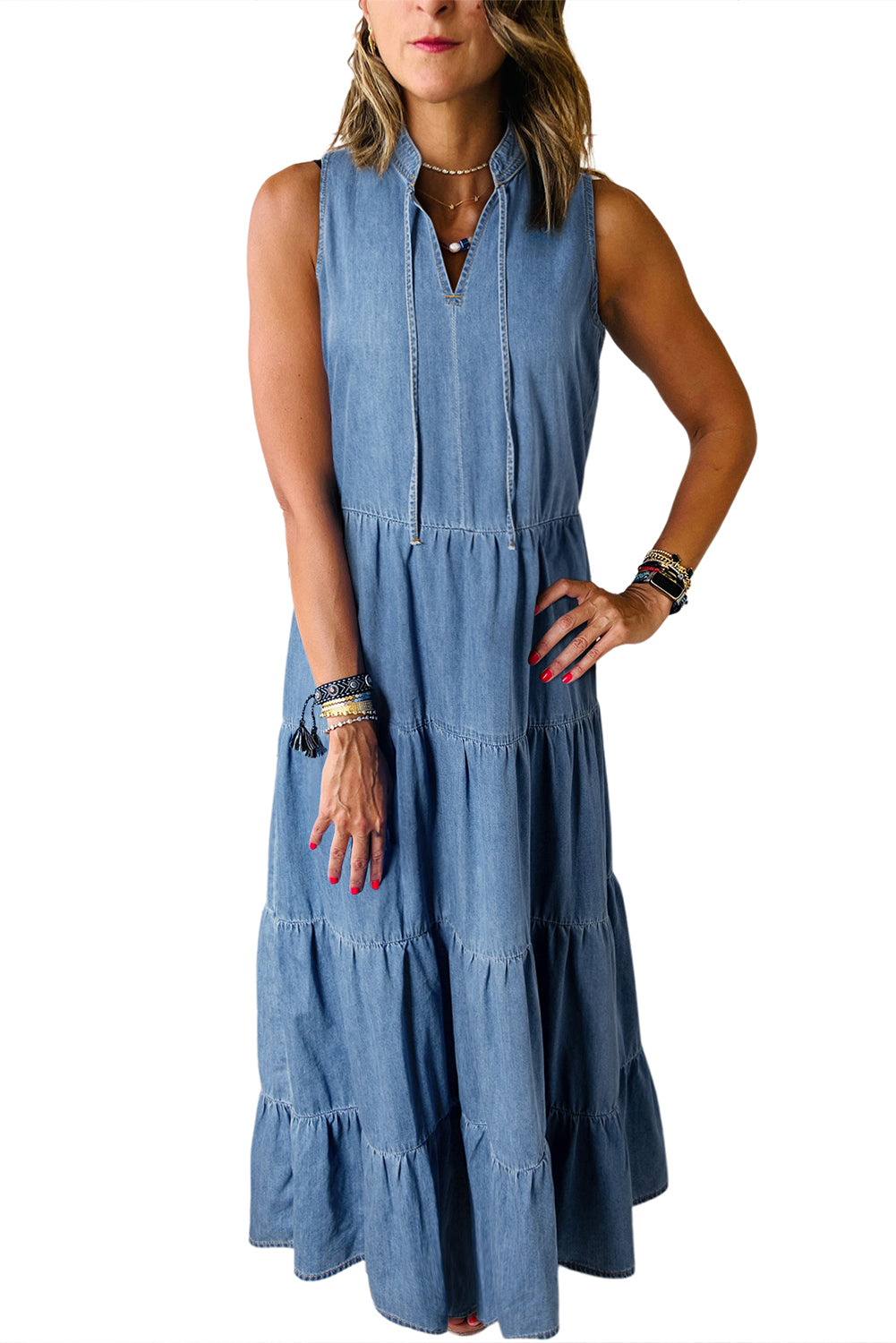 Blue Sleeveless Tiered Chambray Maxi Dress