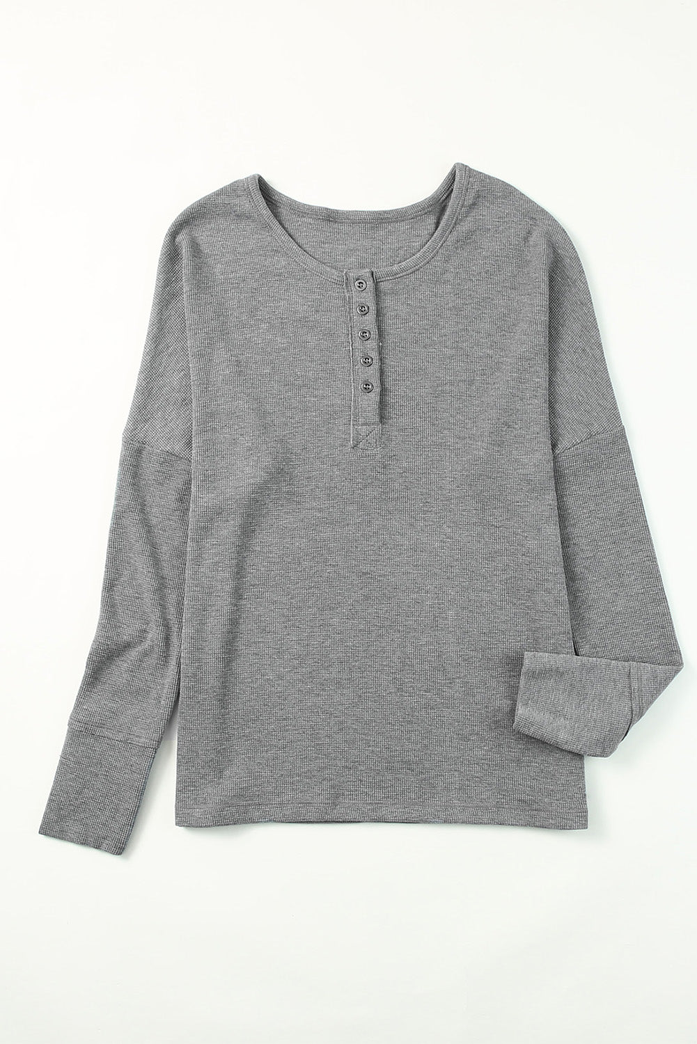 Grey Waffle Knit Long Sleeve Henley Shirt for Women