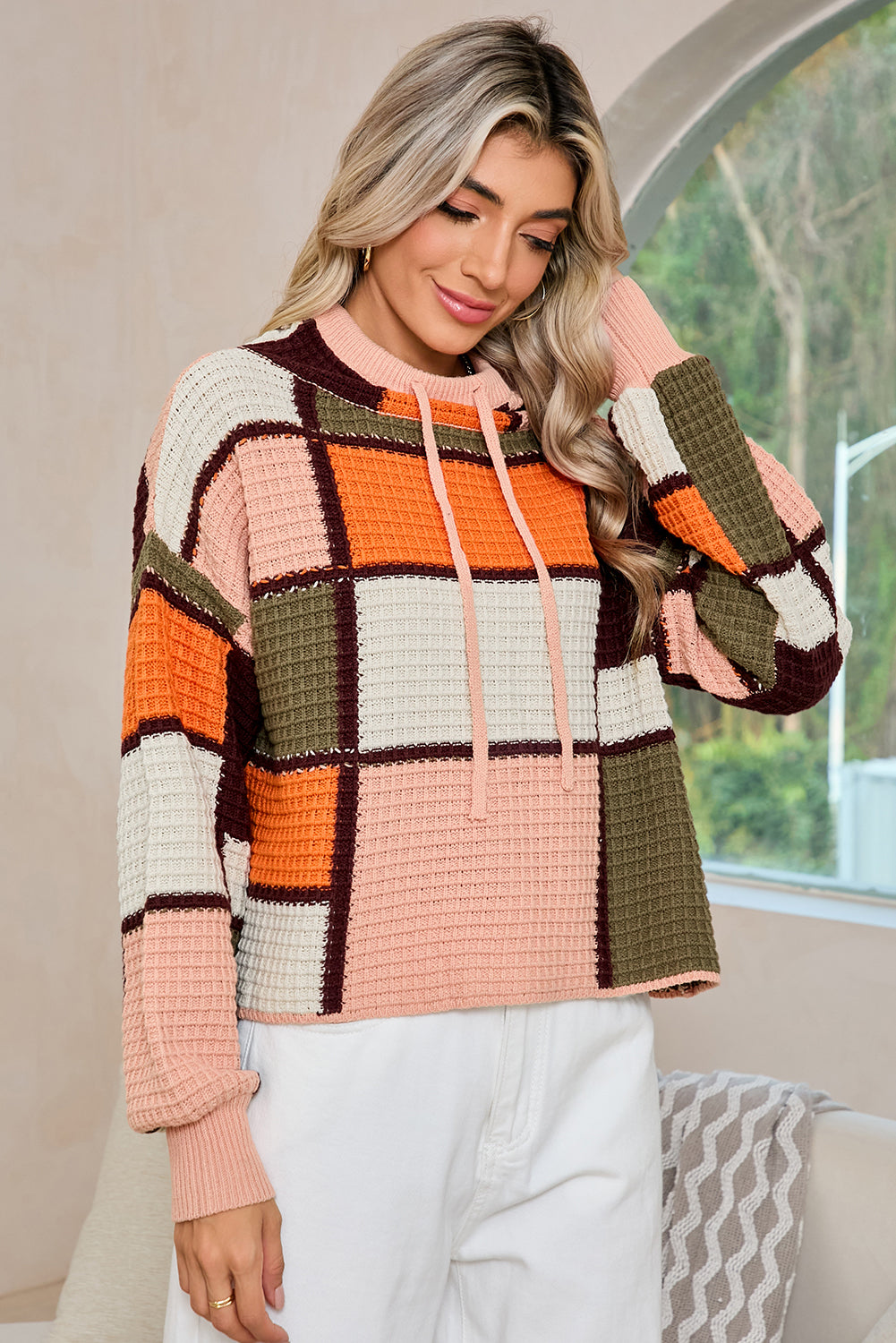 Orange Color Block Waffle Knit Drawstring Mock Neck Sweater