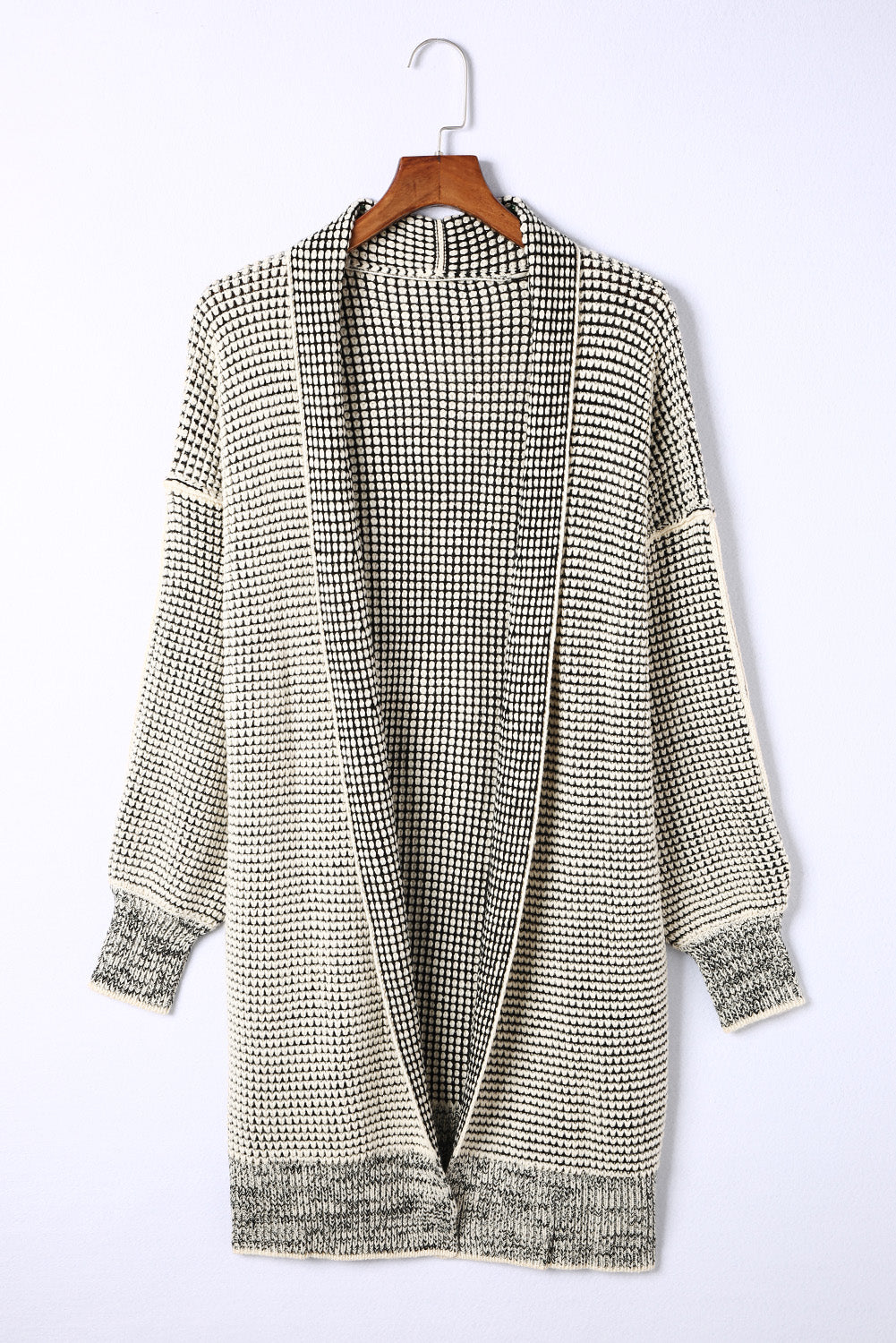 Apricot Plaid Casual Open Front Long Knit Cardigan