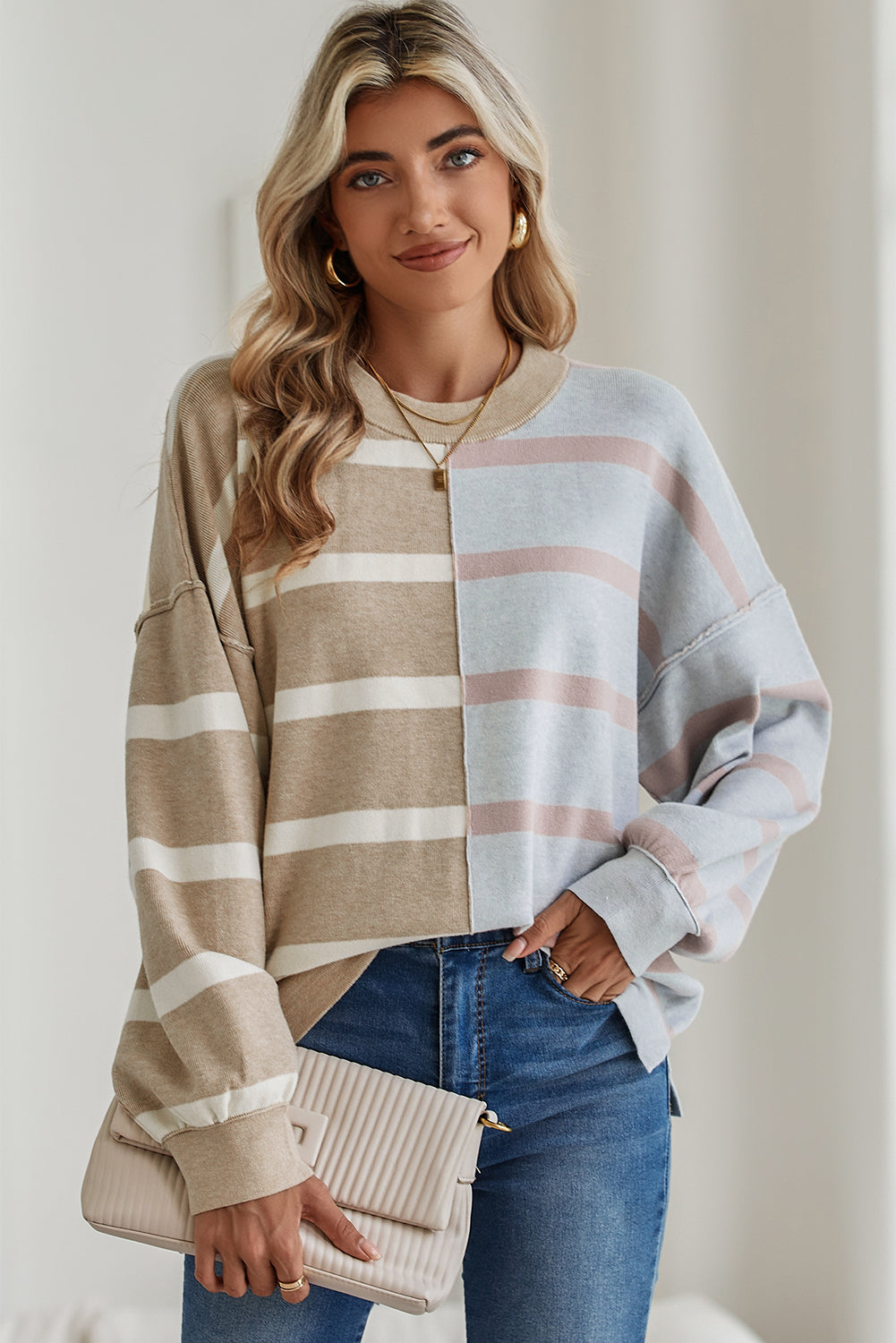 Blue Stripe Exposed Seam Patchwork Loose Sweatshirts