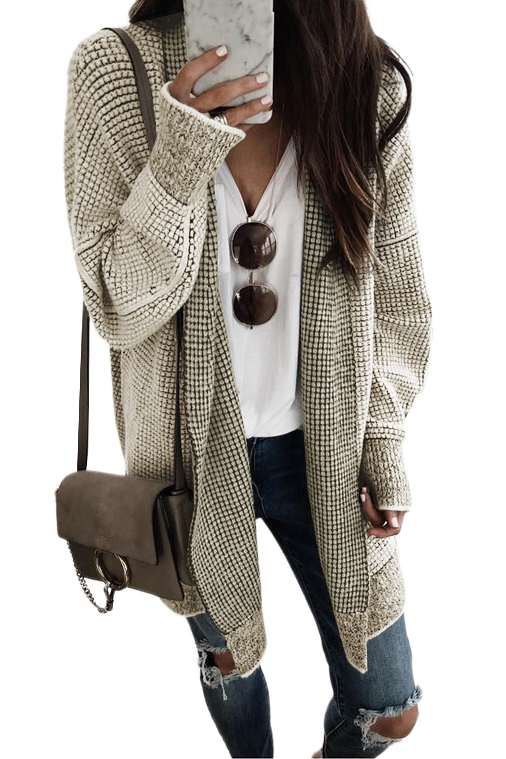 Apricot Plaid Casual Open Front Long Knit Cardigan