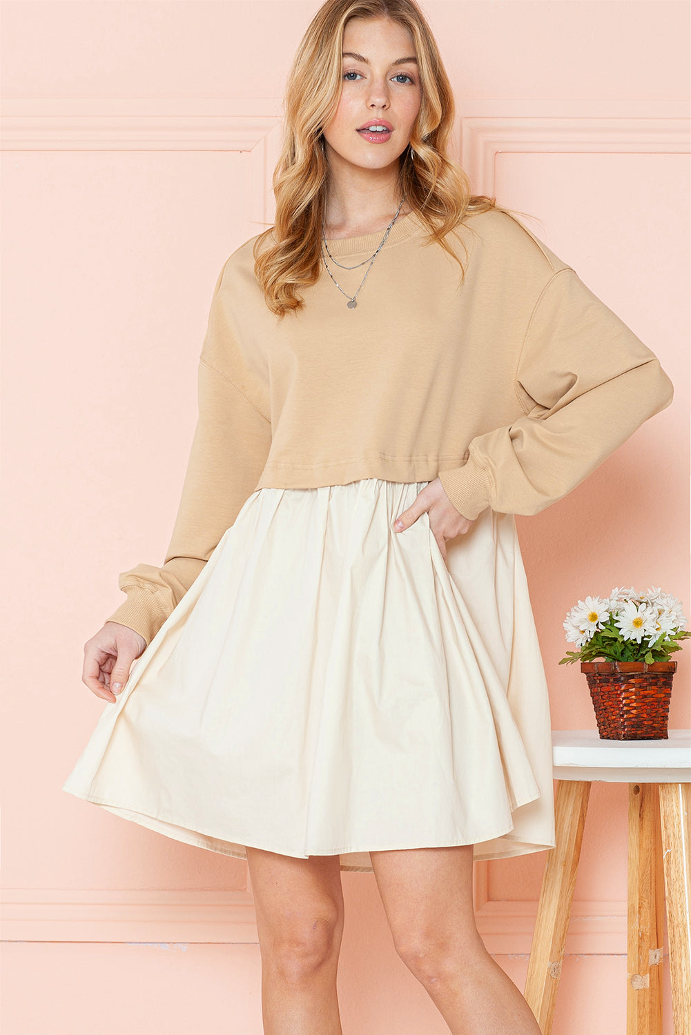 Khaki Sweatshirt Colorblock Flowy Pleated Mini Dress