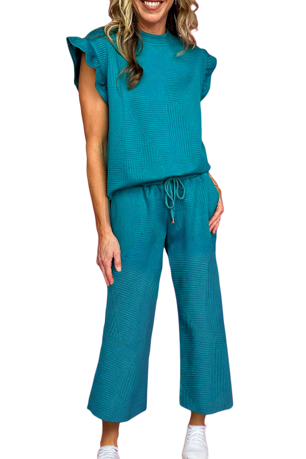 Skobeloff Textured Ruffle Top and Drawstring Pants Set