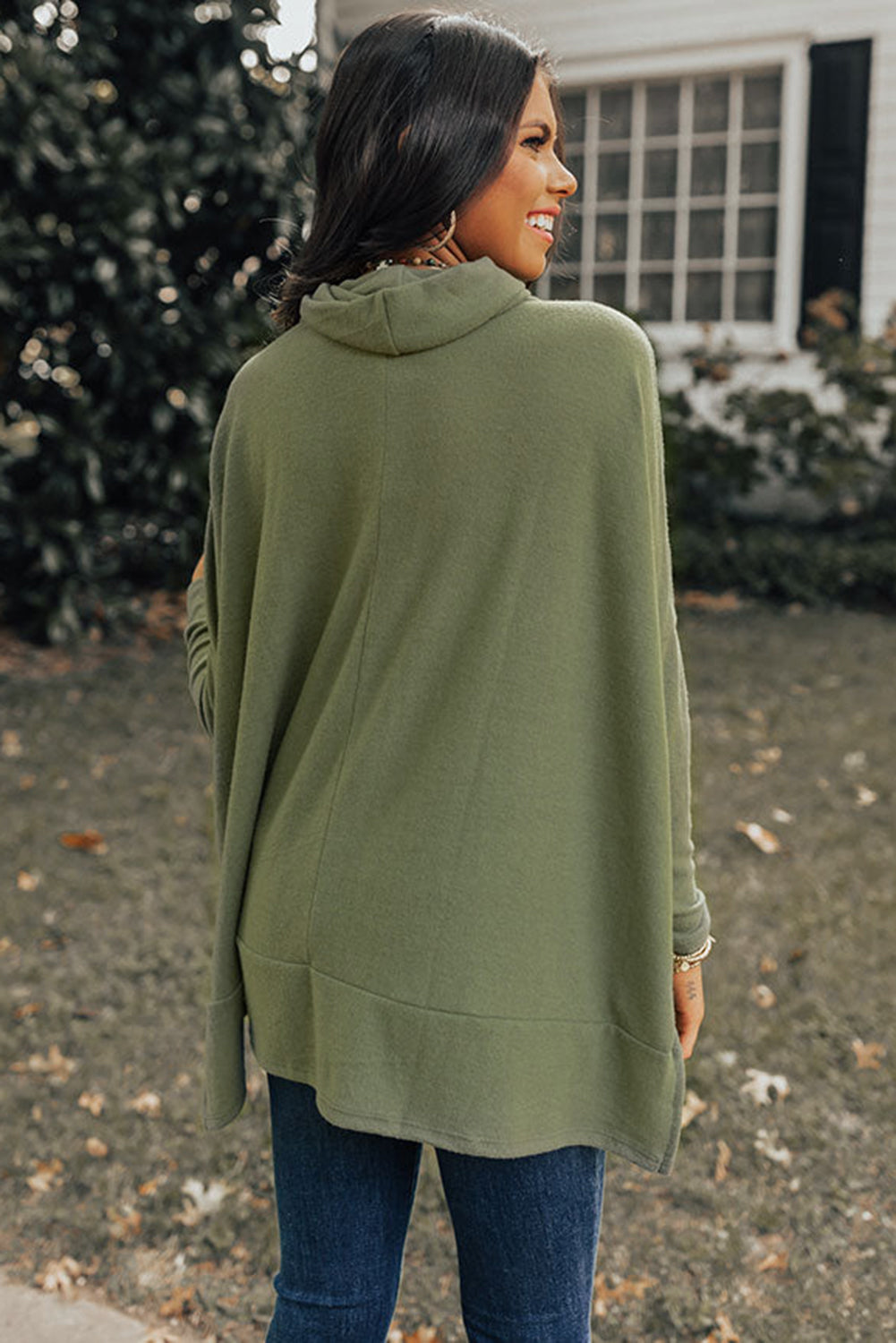 Green Cowl Neck Loose Fit Tunic Top