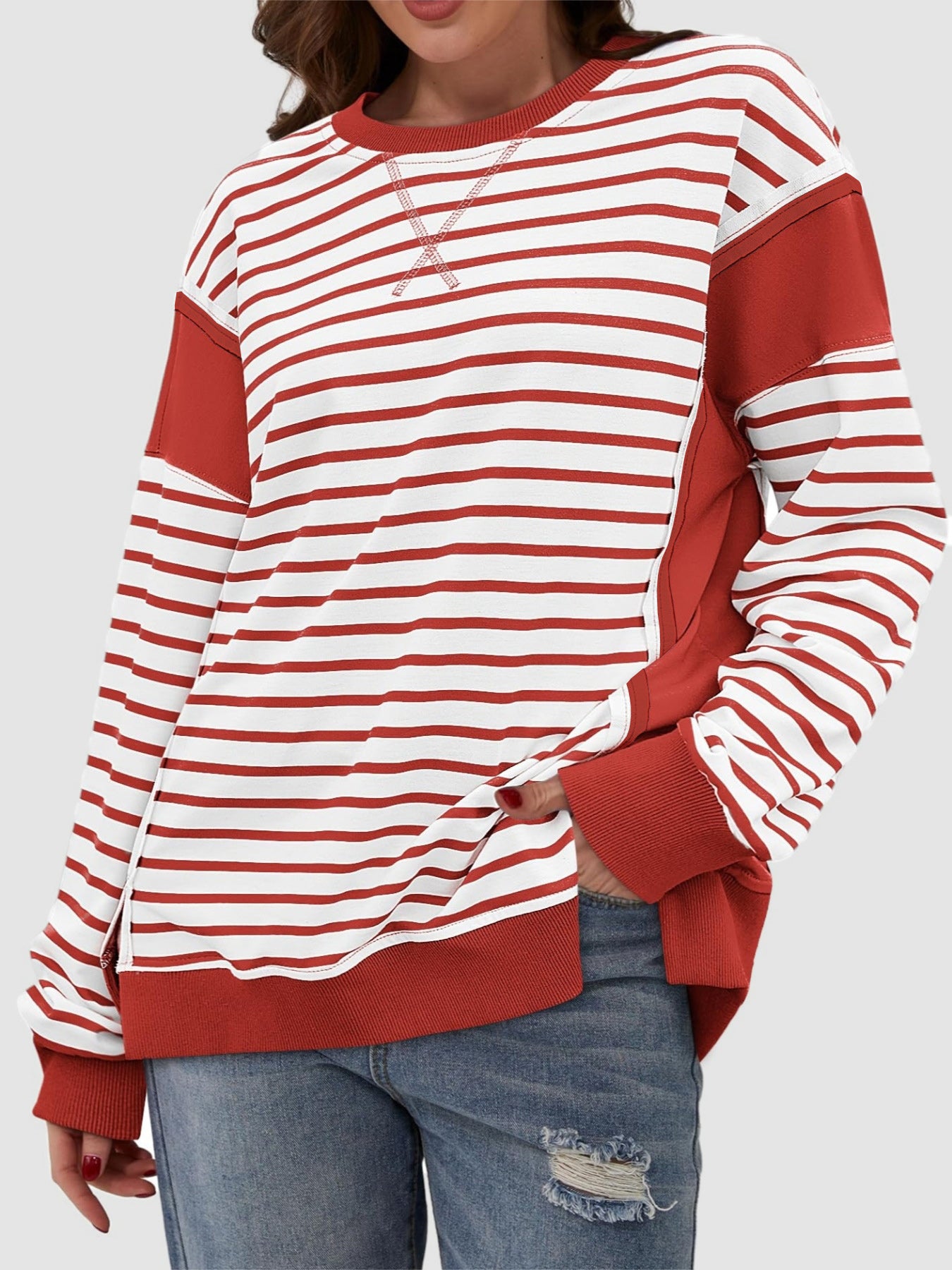 Slit Exposed Seam Striped Long Sleeve Sweatshirt