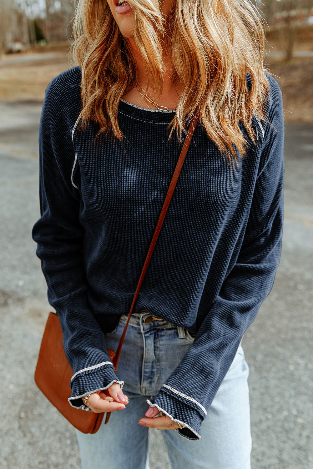 Brown Textured Crewneck Long Sleeve Top