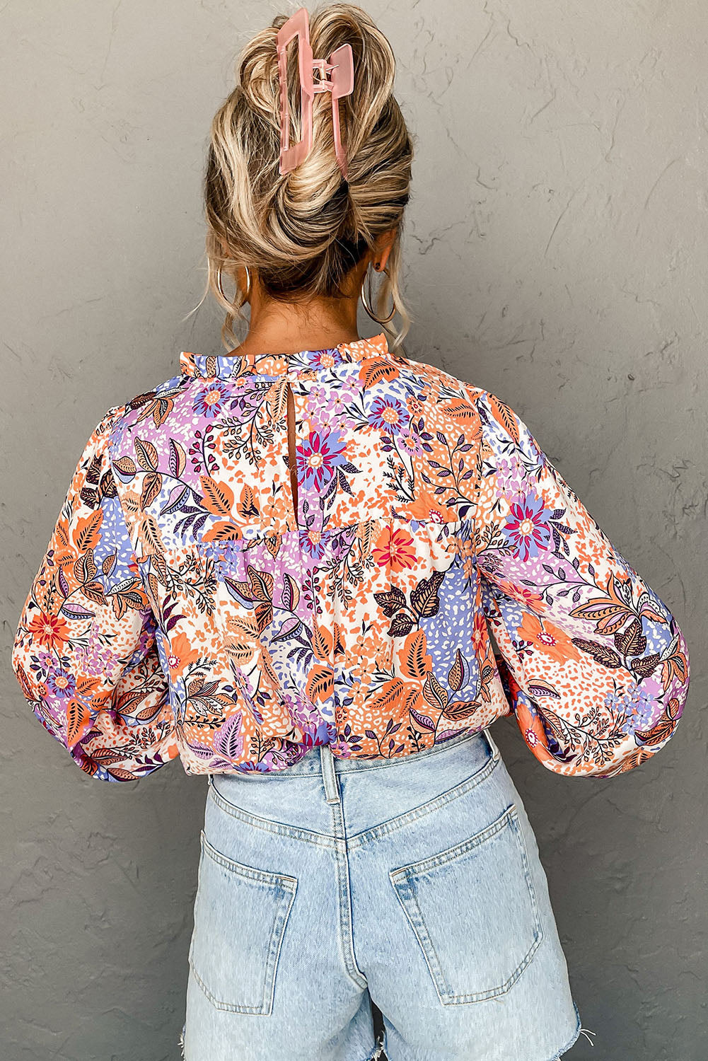 Multicolor Boho Floral Print Bishop Sleeve Smocked Blouse