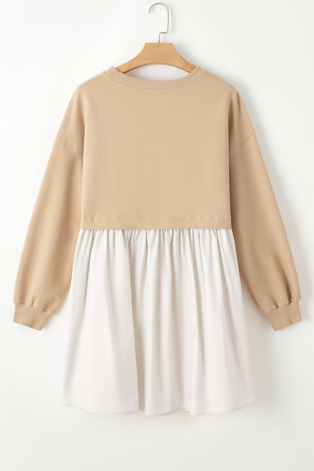 Khaki Sweatshirt Colorblock Flowy Pleated Mini Dress