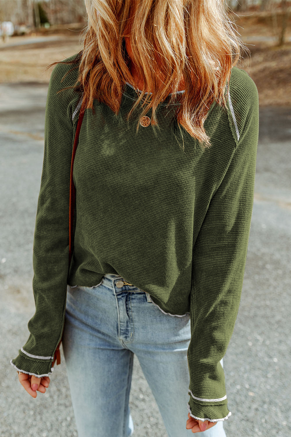 Brown Textured Crewneck Long Sleeve Top