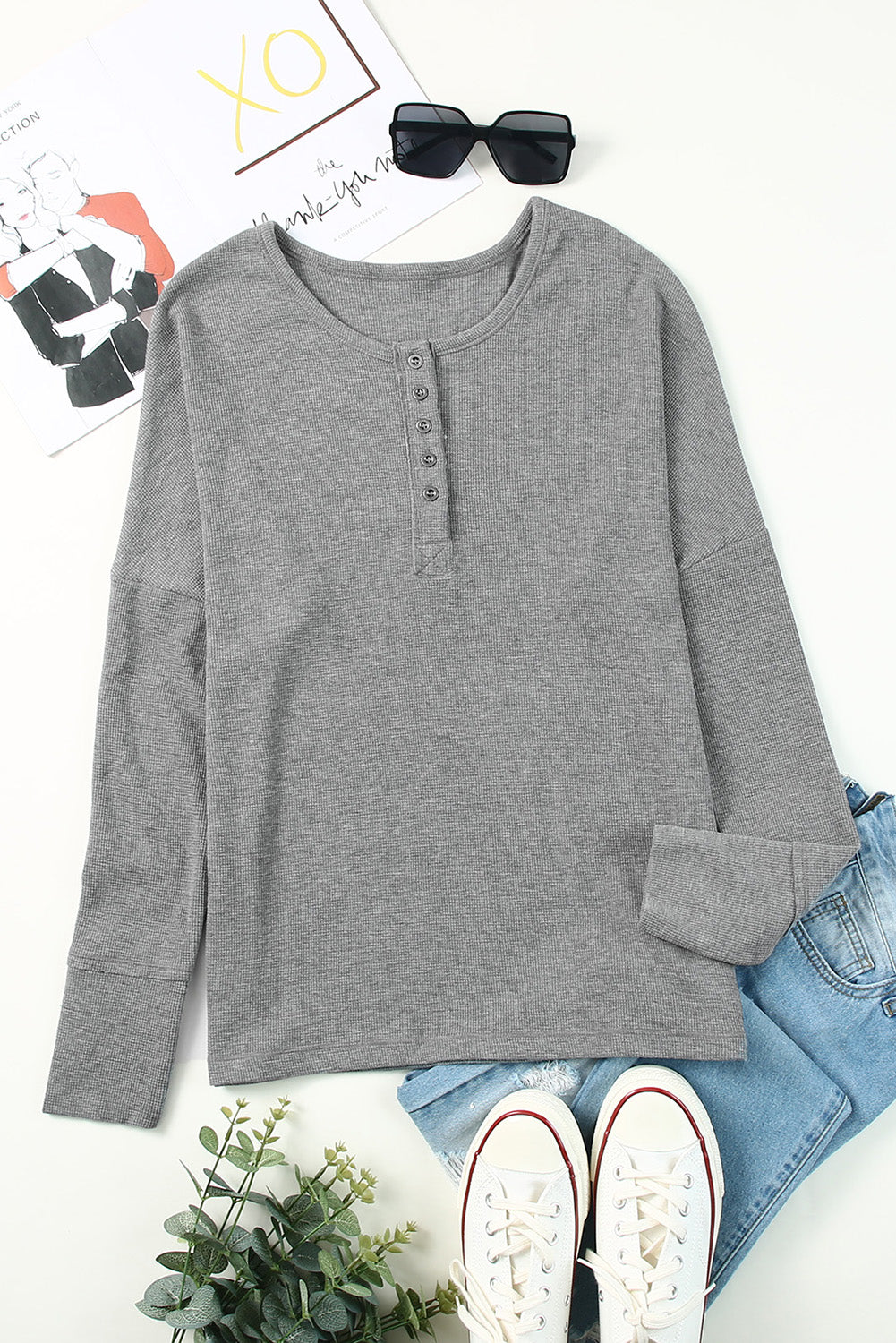 Grey Waffle Knit Long Sleeve Henley Shirt for Women