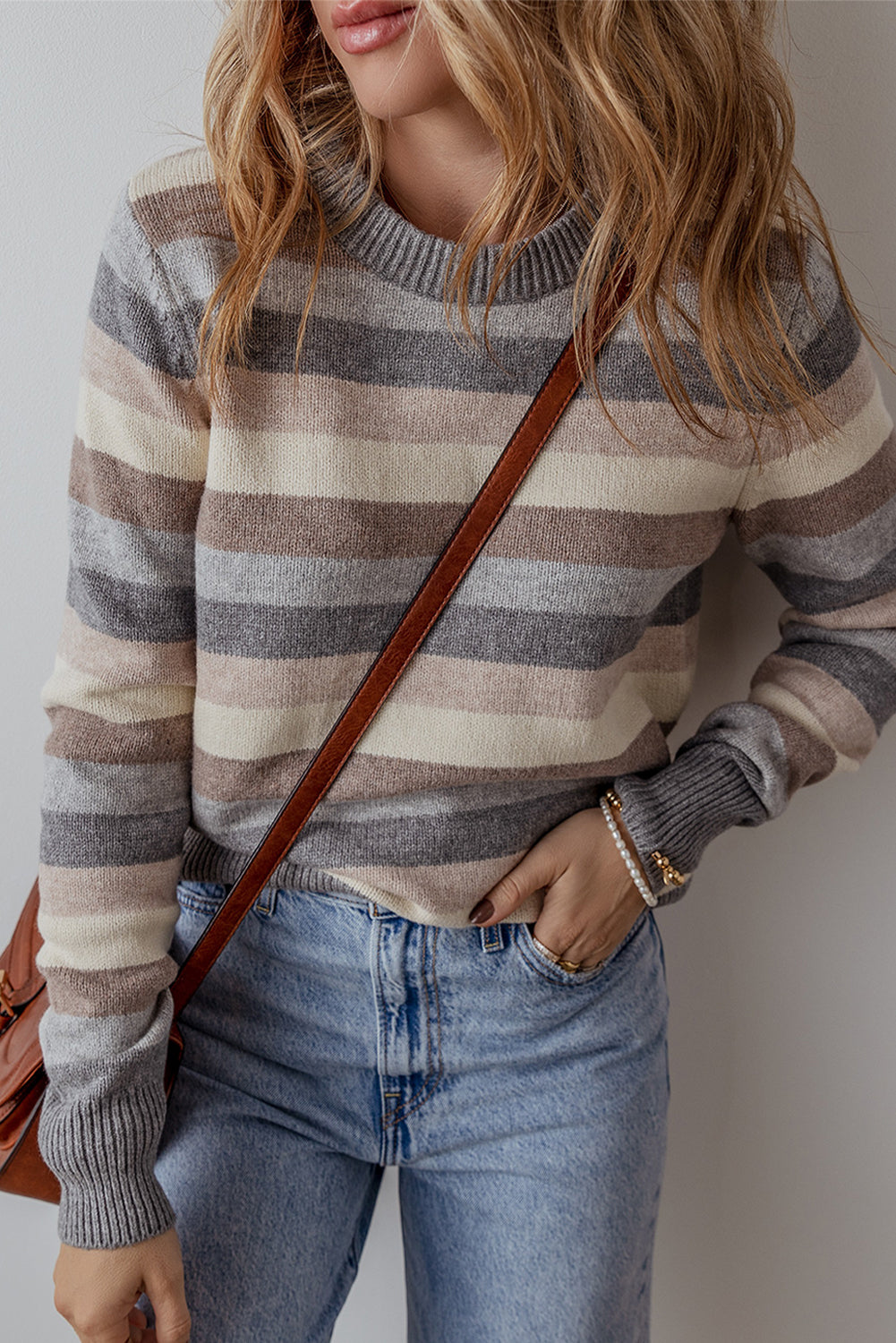 Green Striped Ribbed Edge Round Neck Sweater