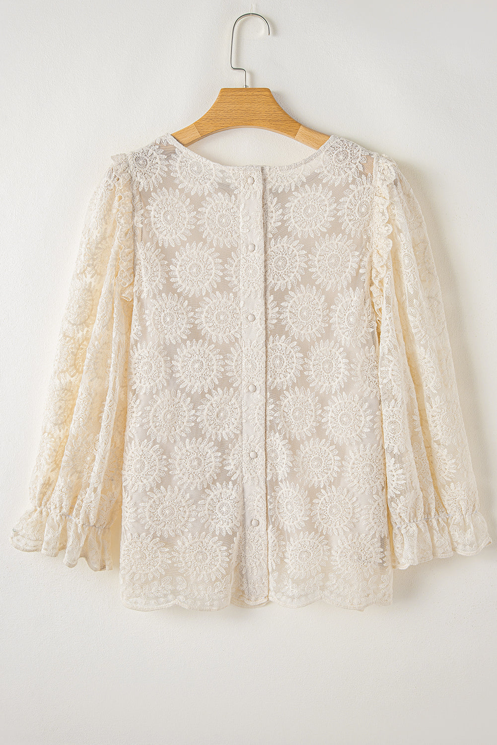 Oatmeal Flower Jacquard Button Back Ruffle 3/4 Sleeve Blouse