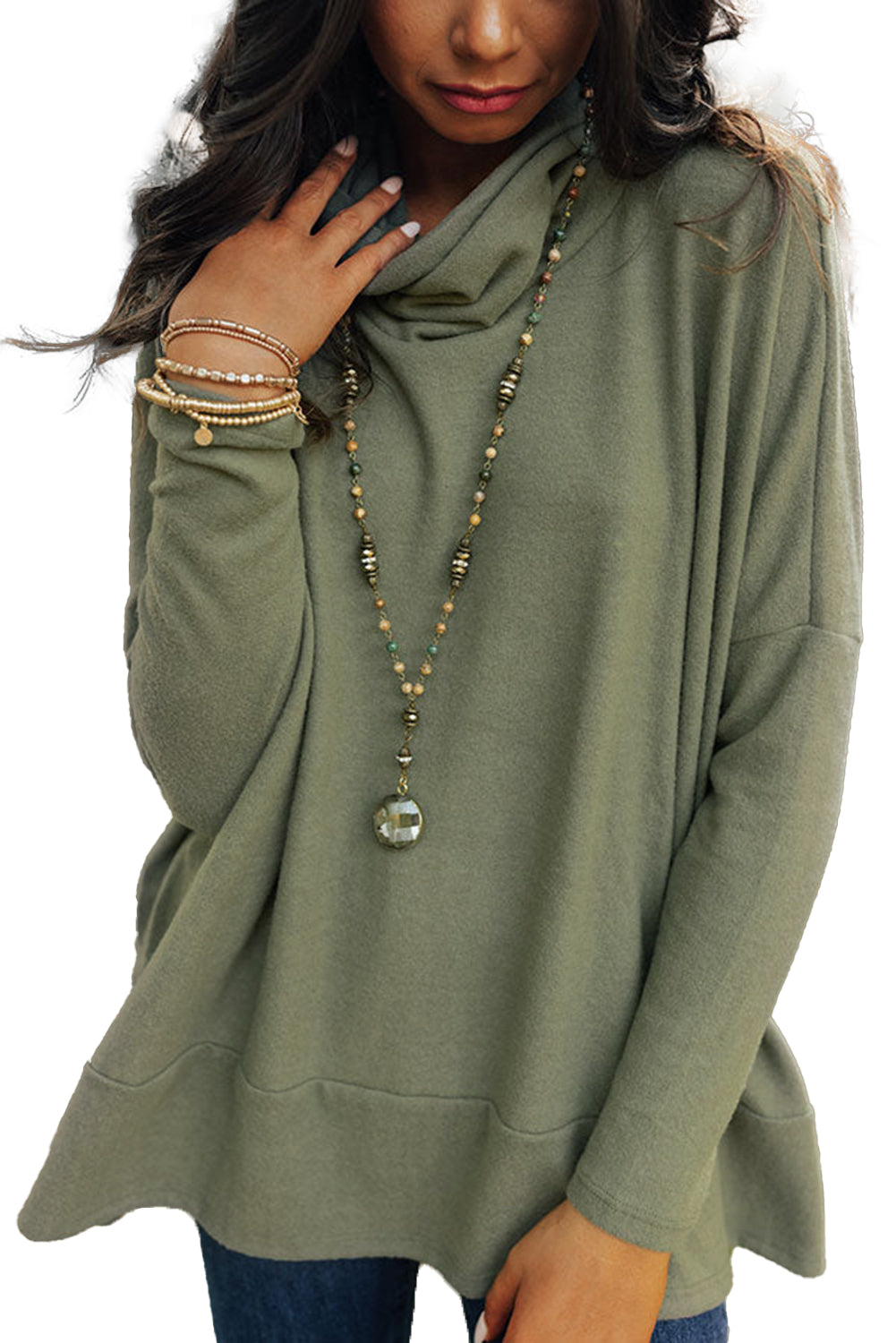 Green Cowl Neck Loose Fit Tunic Top