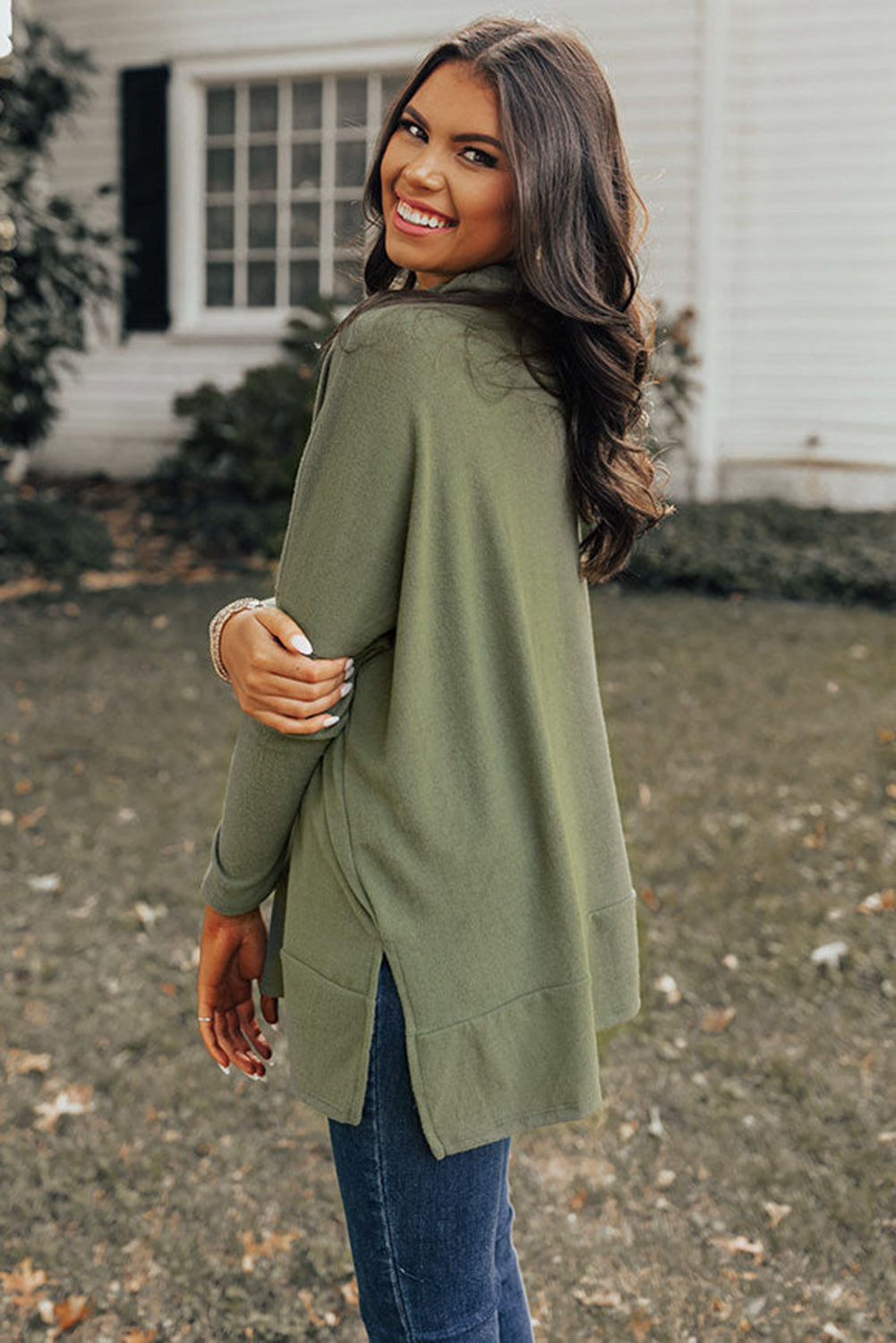 Green Cowl Neck Loose Fit Tunic Top