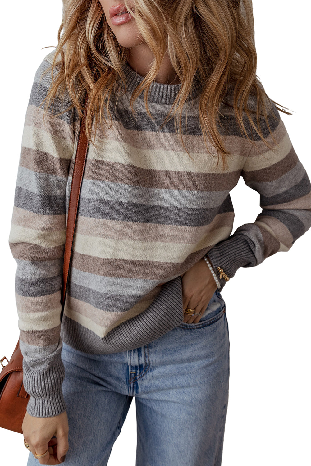 Green Striped Ribbed Edge Round Neck Sweater