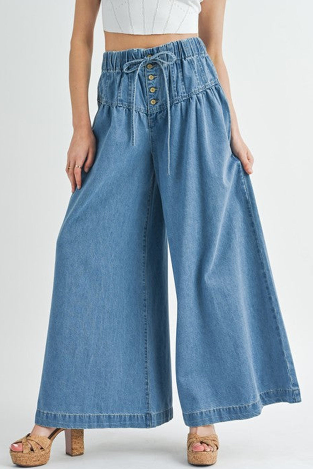 Beau Blue Mineral Wash Button High Waist Wide Leg Jeans