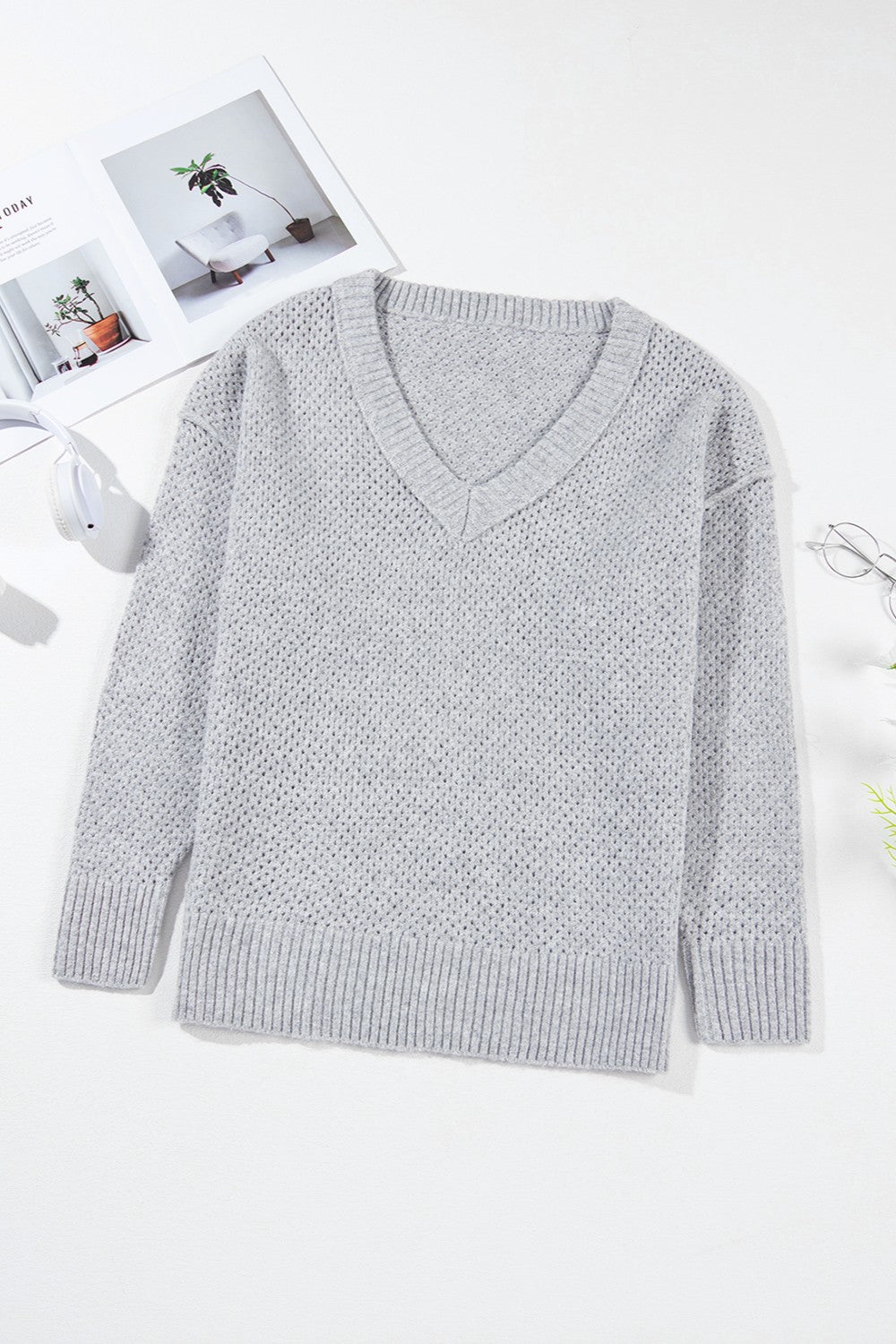 Openwork V-Neck Dropped Shoulder Sweater