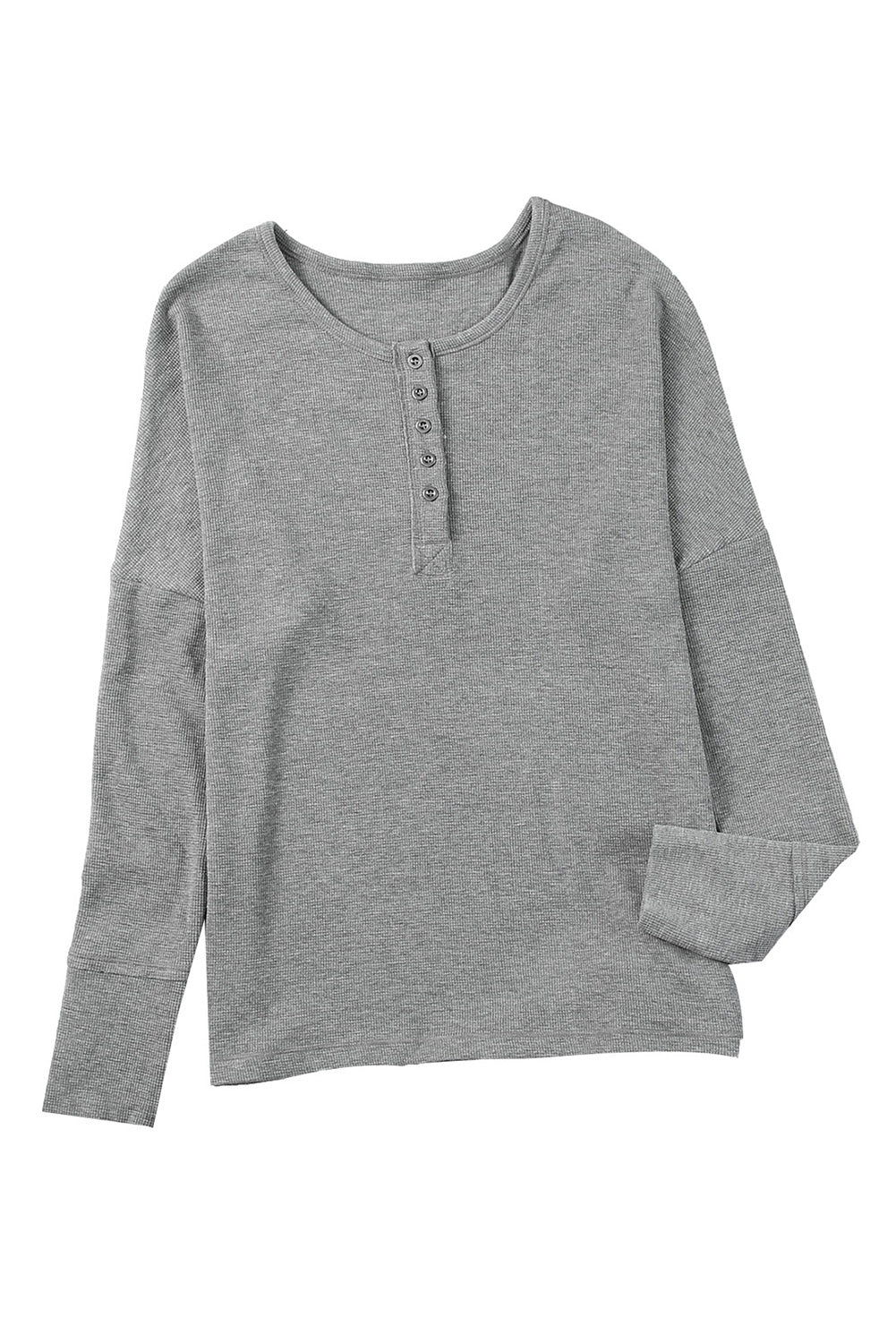 Grey Waffle Knit Long Sleeve Henley Shirt for Women