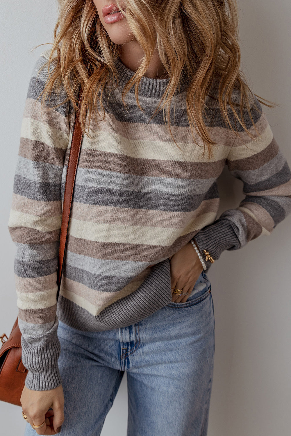 Green Striped Ribbed Edge Round Neck Sweater