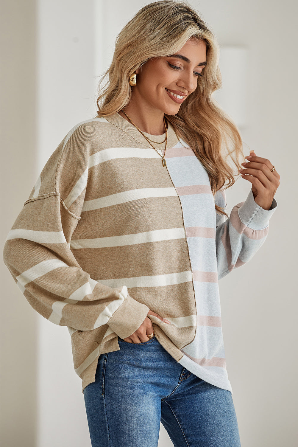 Blue Stripe Exposed Seam Patchwork Loose Sweatshirts