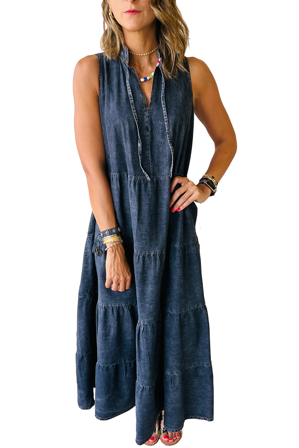 Blue Sleeveless Tiered Chambray Maxi Dress