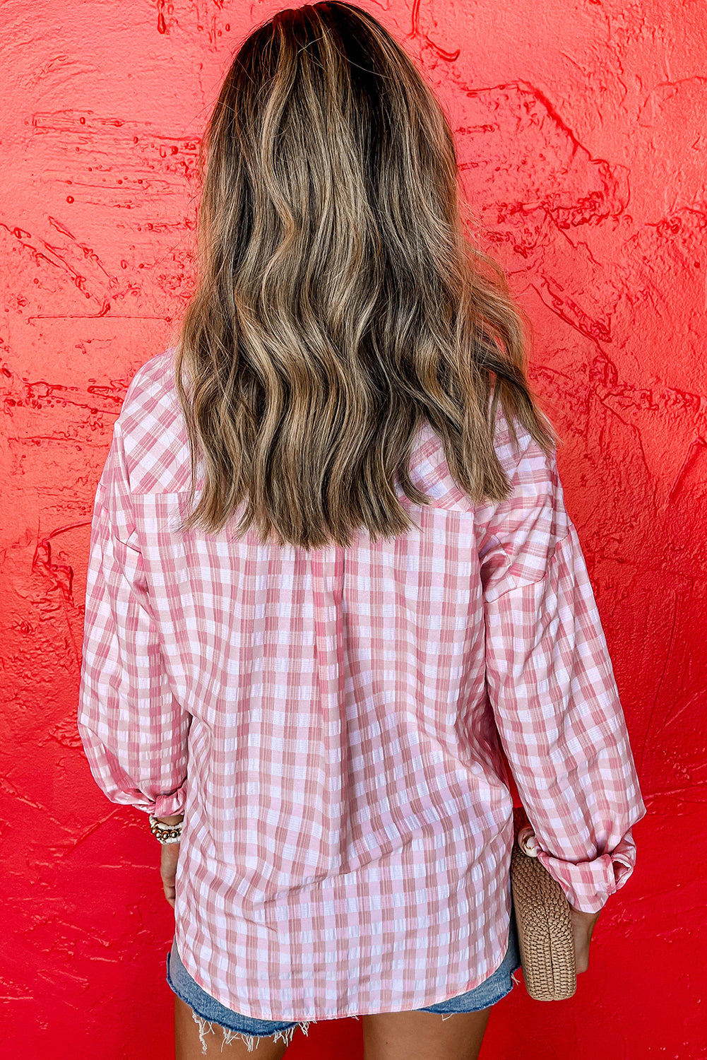 Pink Gingham Print Chest Pockets Buttoned Shirt